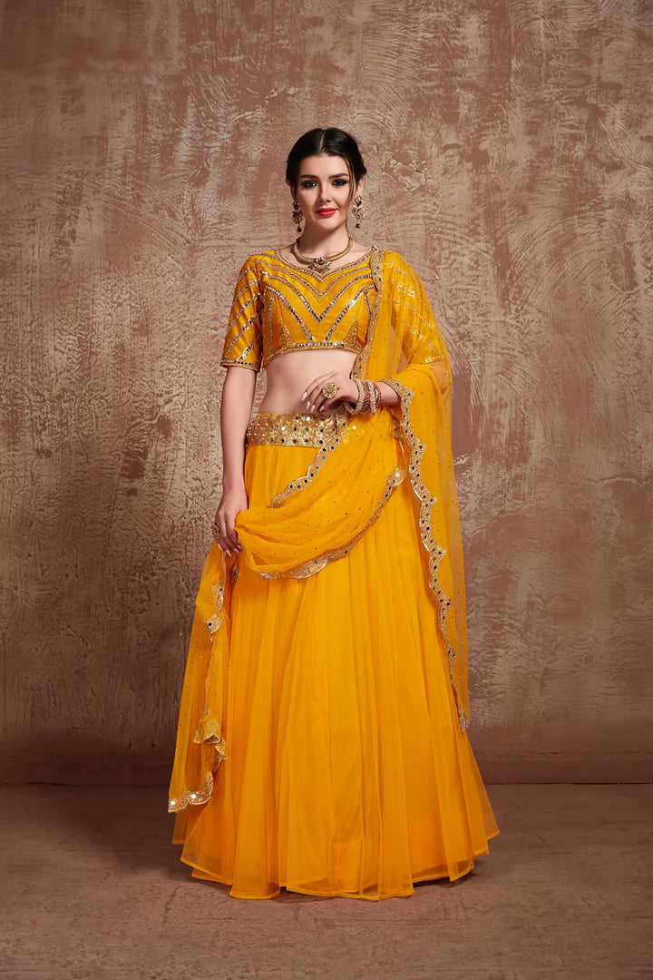 Stylish Mustard Net Lehenga Choli | Sequins & Lace Wedding Attire