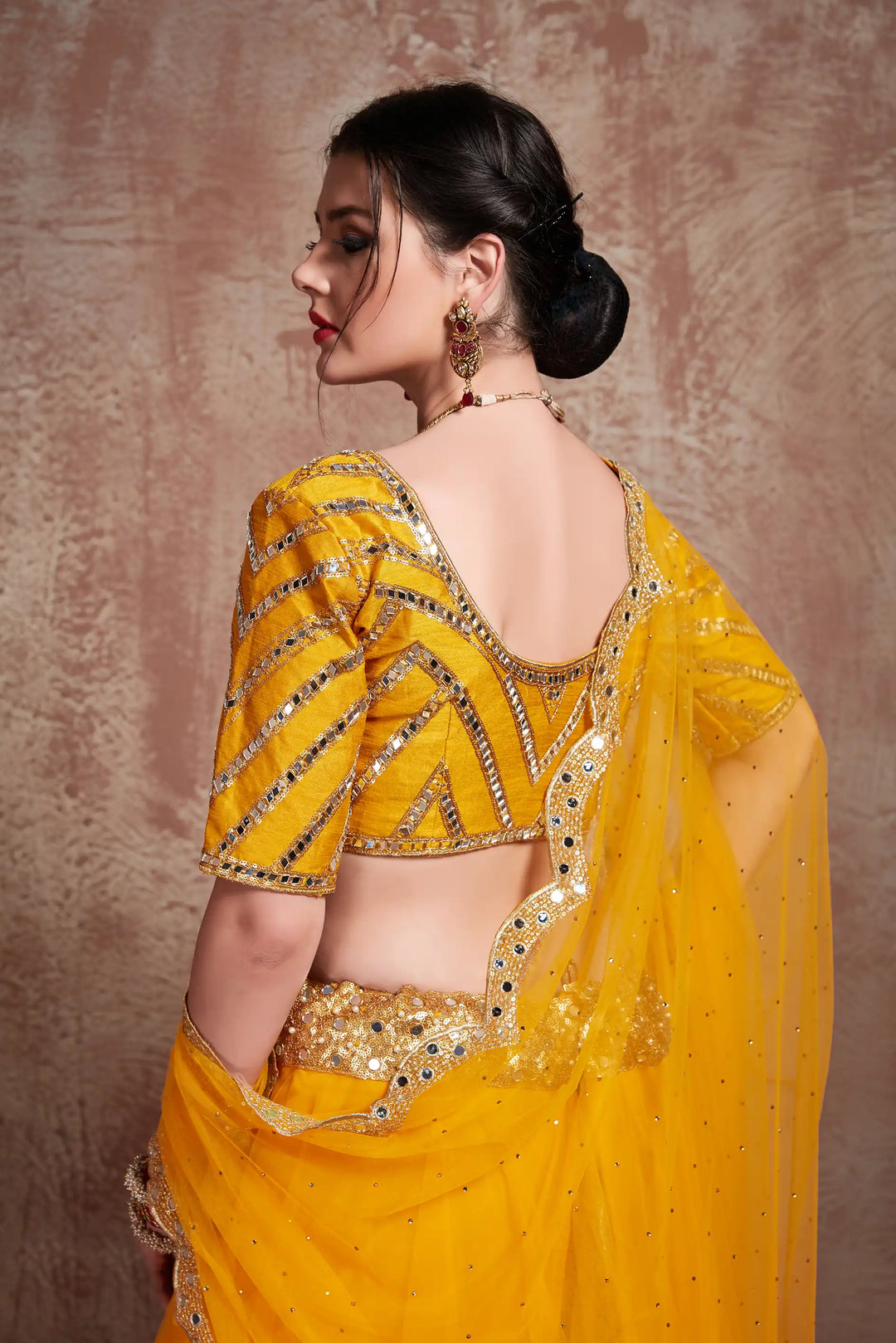 Stylish Mustard Net Lehenga Choli | Sequins & Lace Wedding Attire