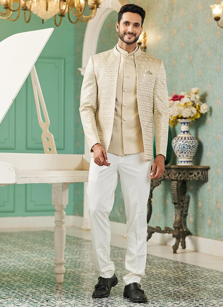 Beige Art Silk Wedding Wear Jodhpuri Suit | Elegant Traditional Attire for Special Occasions