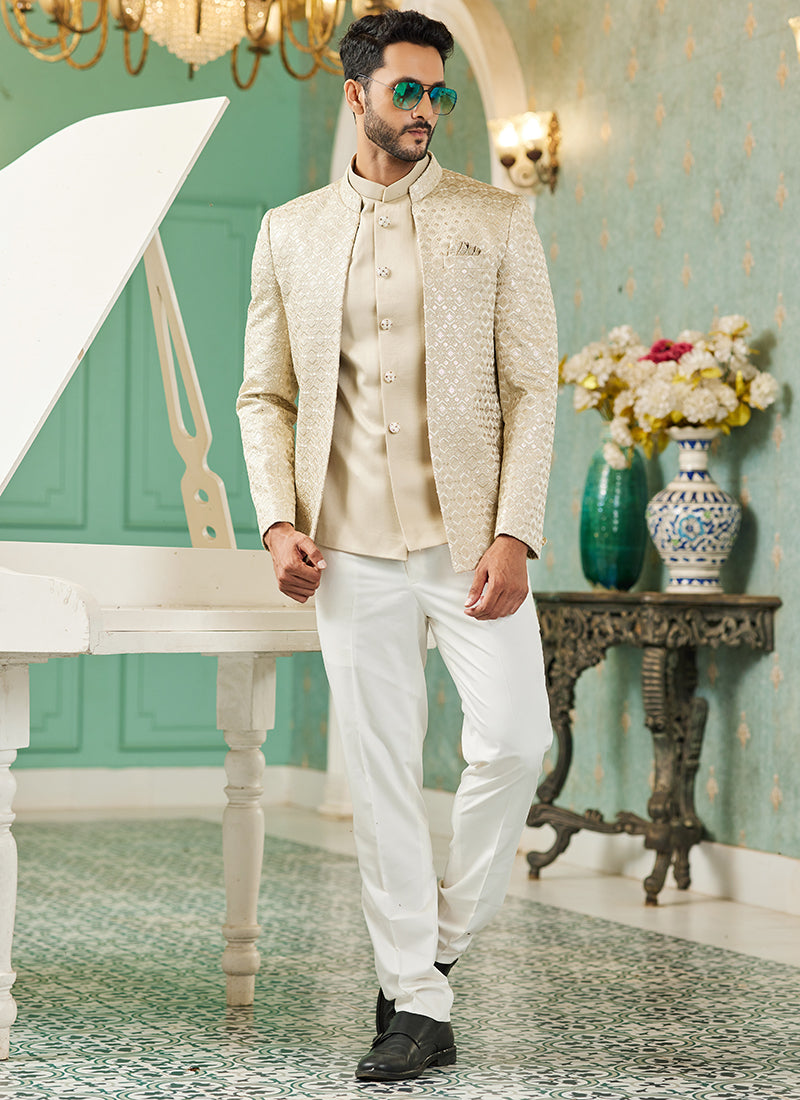 Beige Art Silk Wedding Wear Jodhpuri Suit | Elegant Traditional Attire for Special Occasions