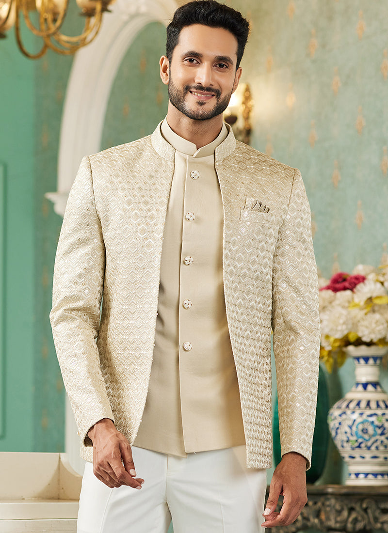 Beige Art Silk Wedding Wear Jodhpuri Suit | Elegant Traditional Attire for Special Occasions