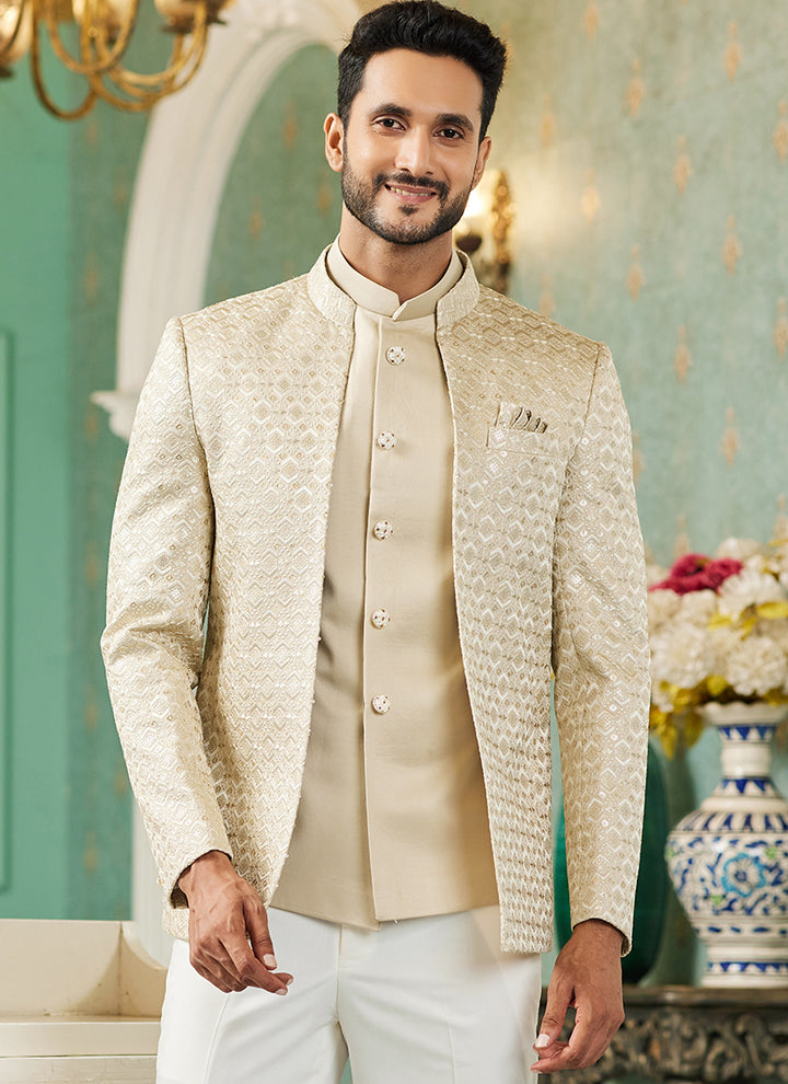 Beige Art Silk Wedding Wear Jodhpuri Suit | Elegant Traditional Attire for Special Occasions