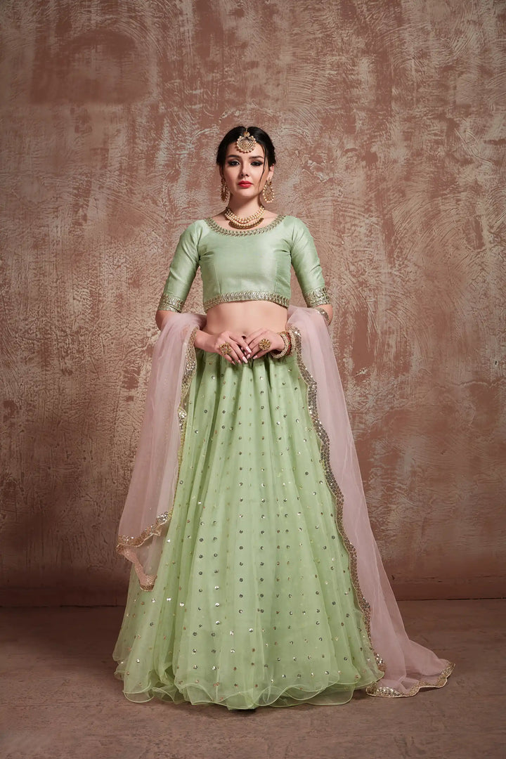 Elegant Pista Green Lehenga | Perfect Soft Net Attire for Celebrations