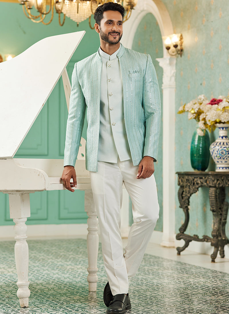 Sea Green Art Silk Wedding Wear Jodhpuri Suit | Elegant Traditional Attire for Special Occasions