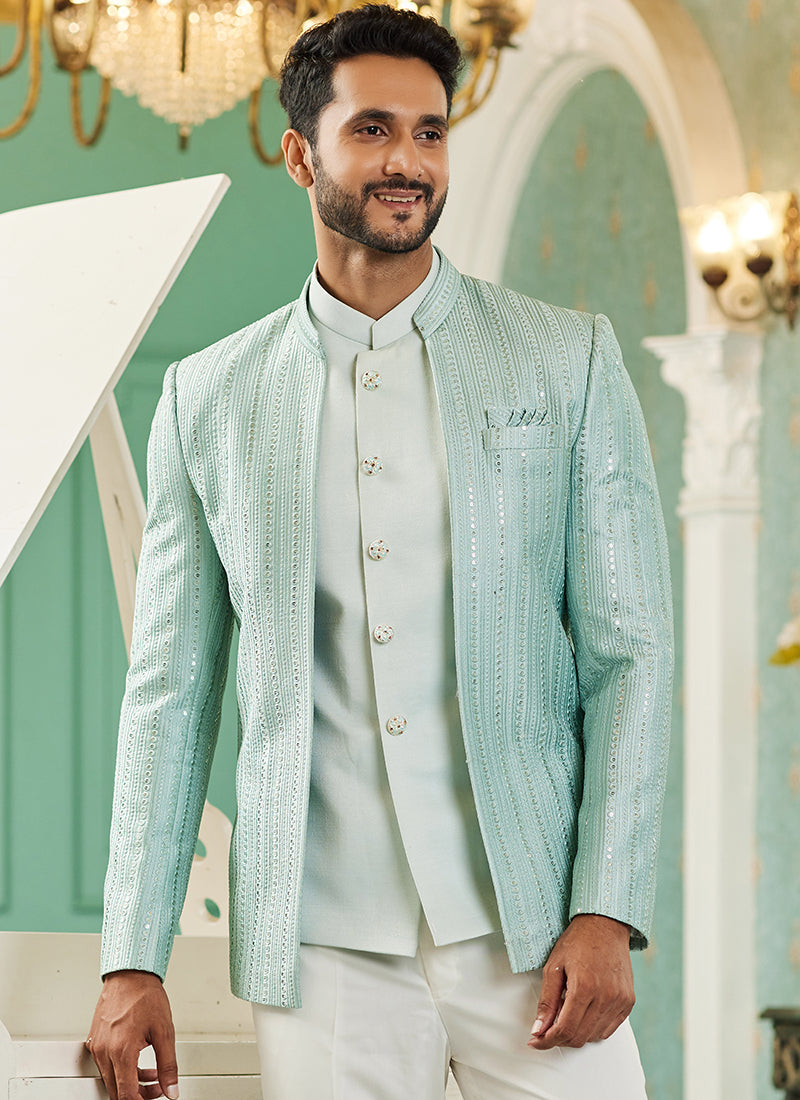 Sea Green Art Silk Wedding Wear Jodhpuri Suit | Elegant Traditional Attire for Special Occasions
