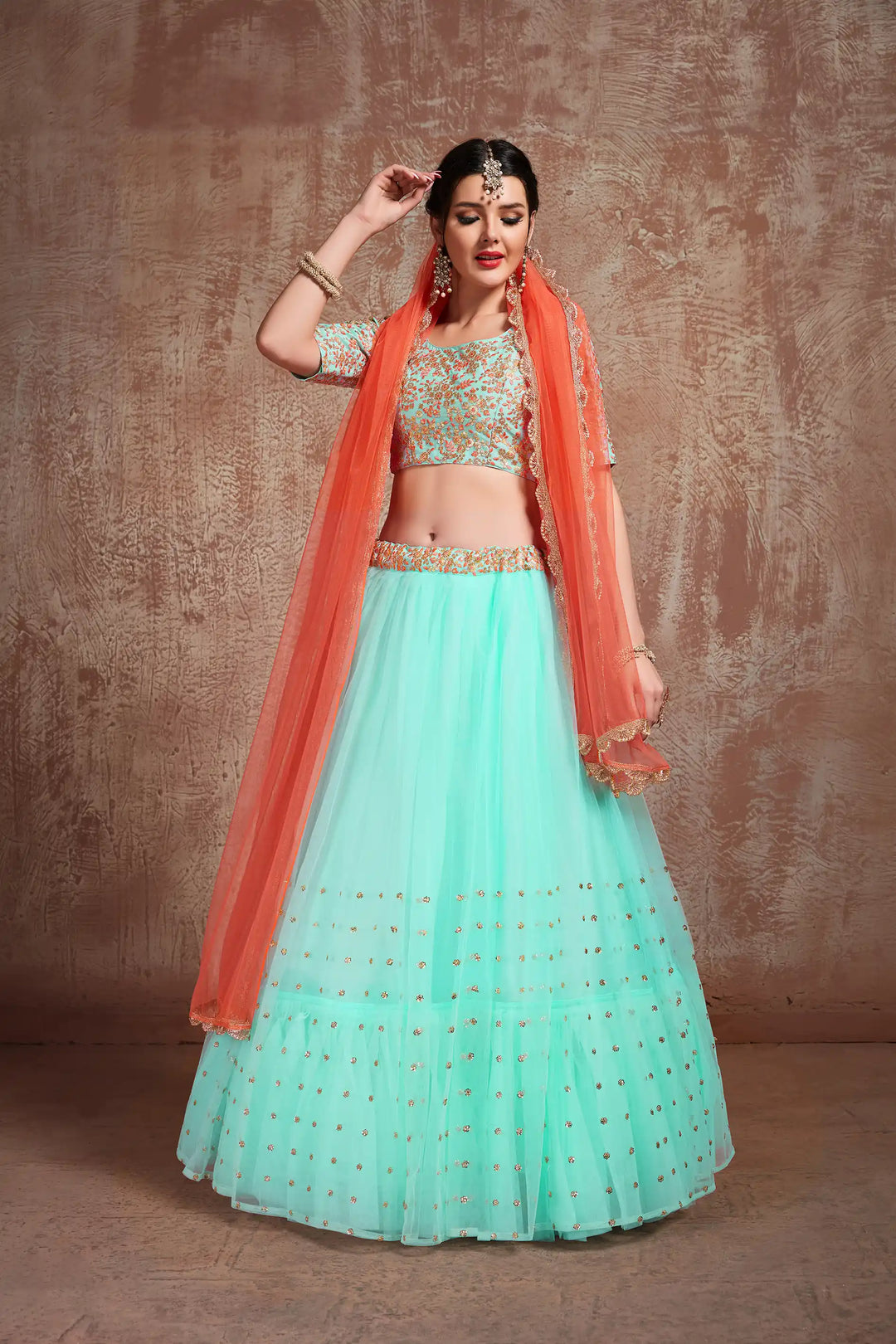 Turquoise Art Silk & Net Lehenga Choli | Sequins & Zari Embellishments
