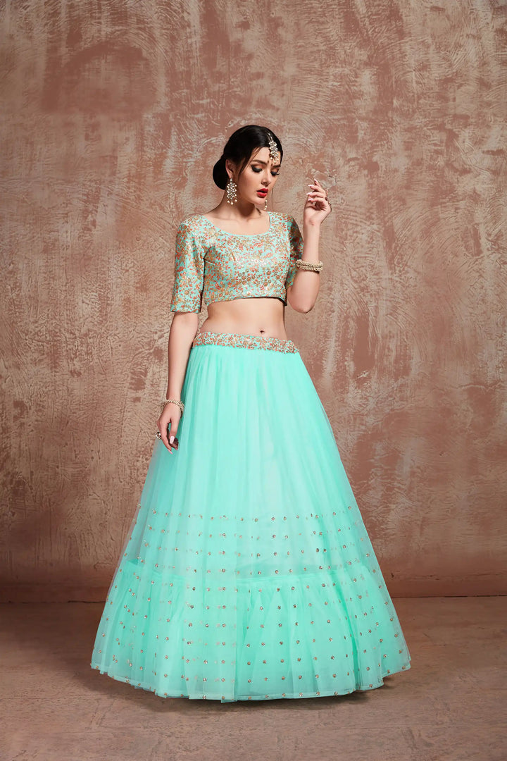 Turquoise Art Silk & Net Lehenga Choli | Sequins & Zari Embellishments