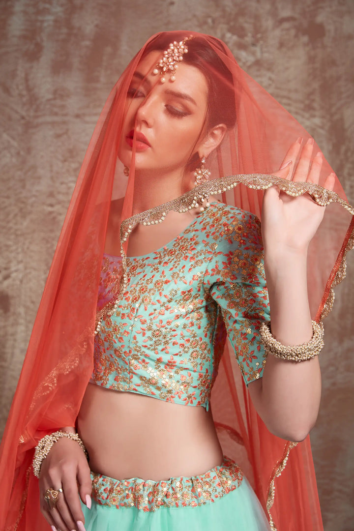 Turquoise Art Silk & Net Lehenga Choli | Sequins & Zari Embellishments