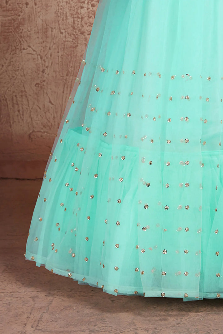 Turquoise Art Silk & Net Lehenga Choli | Sequins & Zari Embellishments