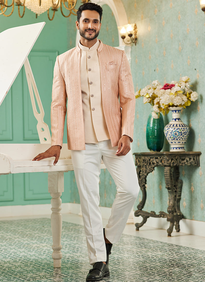 Peach Art Silk Wedding Wear Jodhpuri Suit | Elegant Traditional Attire for Special Occasions
