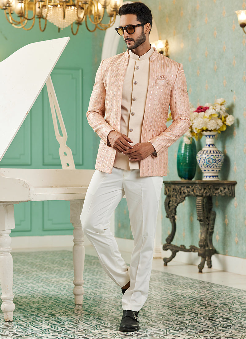 Peach Art Silk Wedding Wear Jodhpuri Suit | Elegant Traditional Attire for Special Occasions