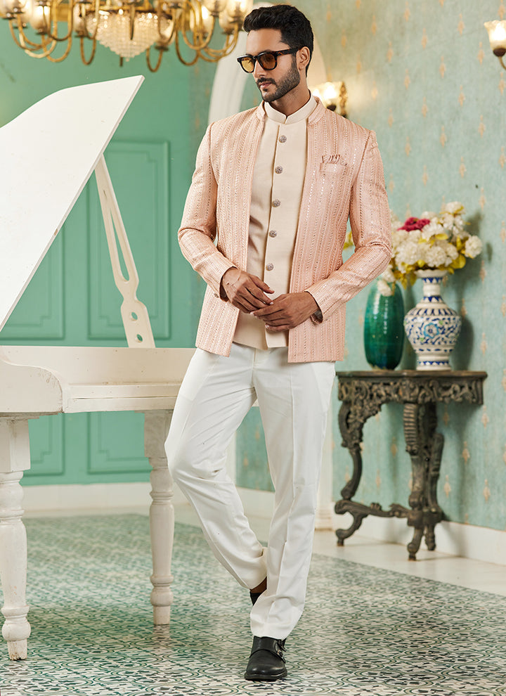 Peach Art Silk Wedding Wear Jodhpuri Suit | Elegant Traditional Attire for Special Occasions