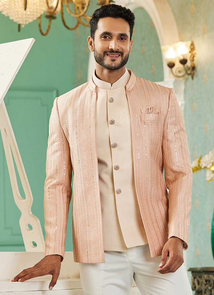 Peach Art Silk Wedding Wear Jodhpuri Suit | Elegant Traditional Attire for Special Occasions