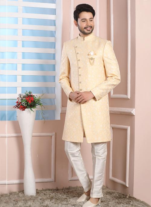 Light Yellow Imported Jacquard Indowestern | Classic Ethnic Wear for Grooms
