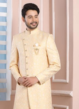 Light Yellow Imported Jacquard Indowestern | Classic Ethnic Wear for Grooms