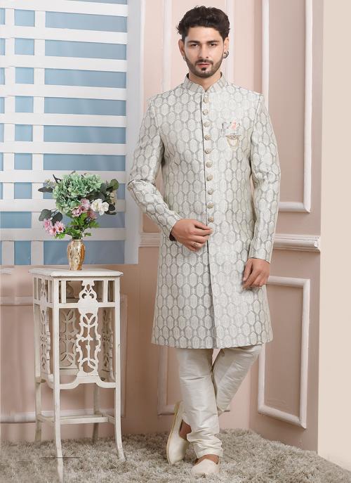 Light Gray Jacquard Silk Indo Western | Elegant Wedding & Party Wear