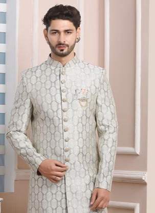 Light Gray Jacquard Silk Indo Western | Elegant Wedding & Party Wear