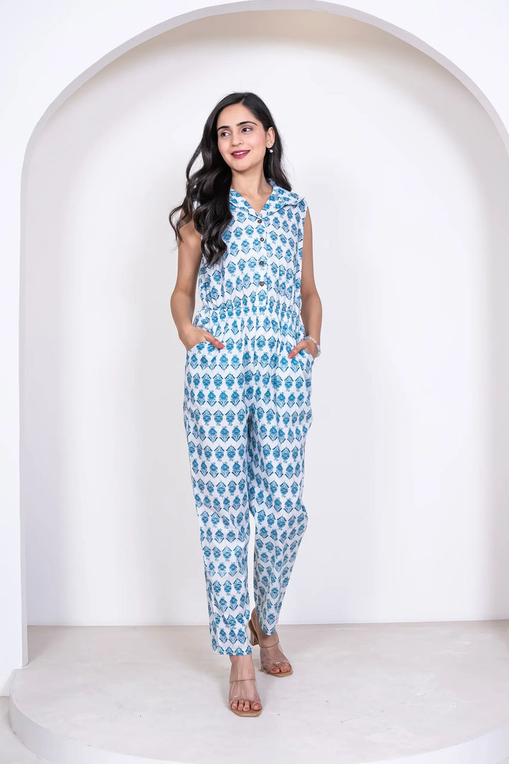 Stylish Matching Summer Wear: White and Teal Printed Cotton Jumpsuit for Mom and Daughter