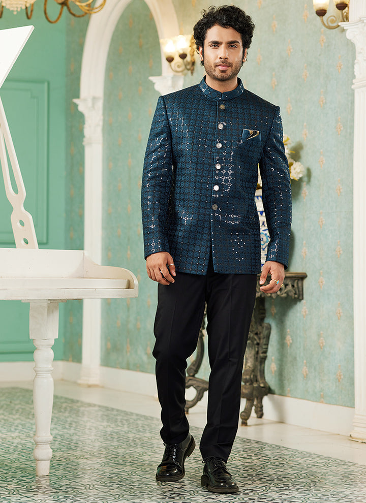 Teal Blue Art Silk Wedding Wear Jodhpuri Suit | Traditional Attire for Special Occasions