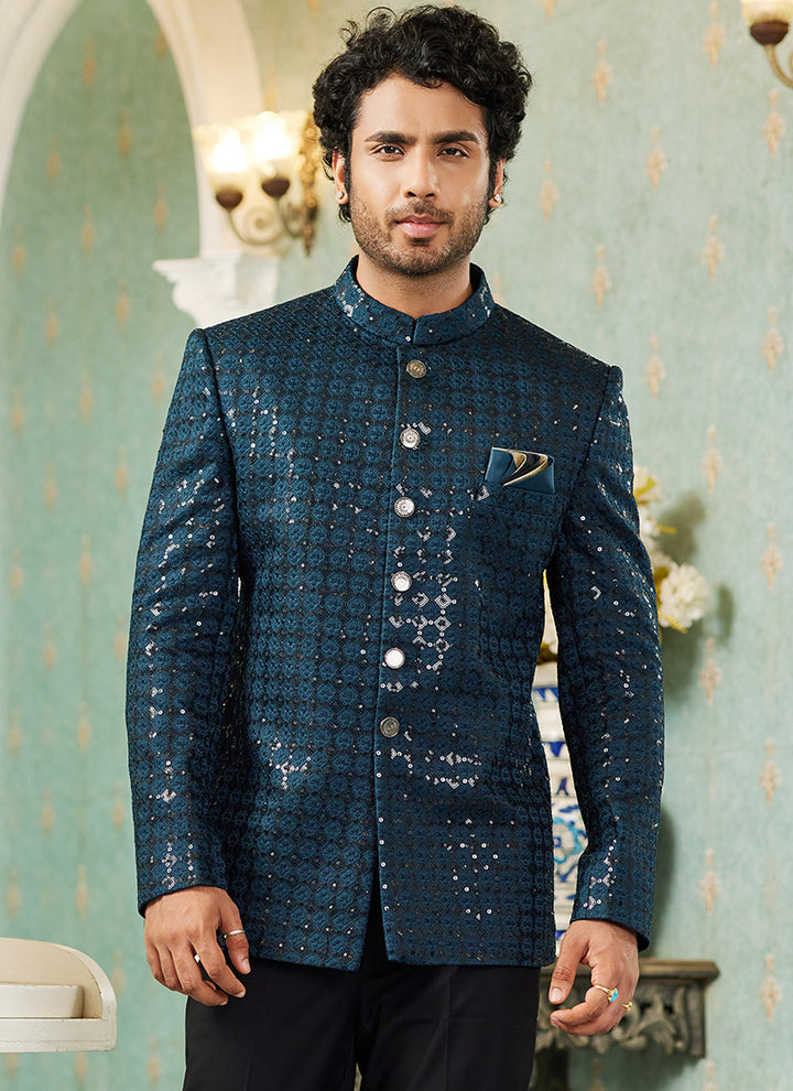 Teal Blue Art Silk Wedding Wear Jodhpuri Suit | Traditional Attire for Special Occasions