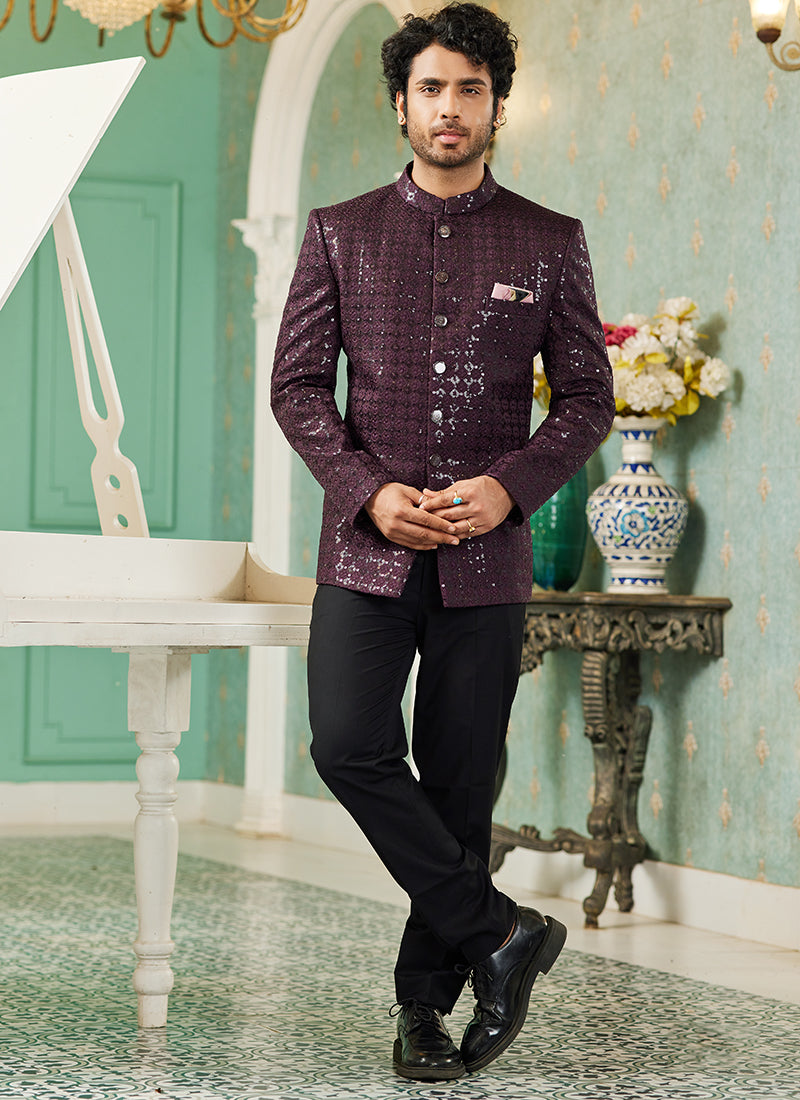 Wine Art Silk Wedding Wear Jodhpuri Suit | Traditional Attire for Special Occasions