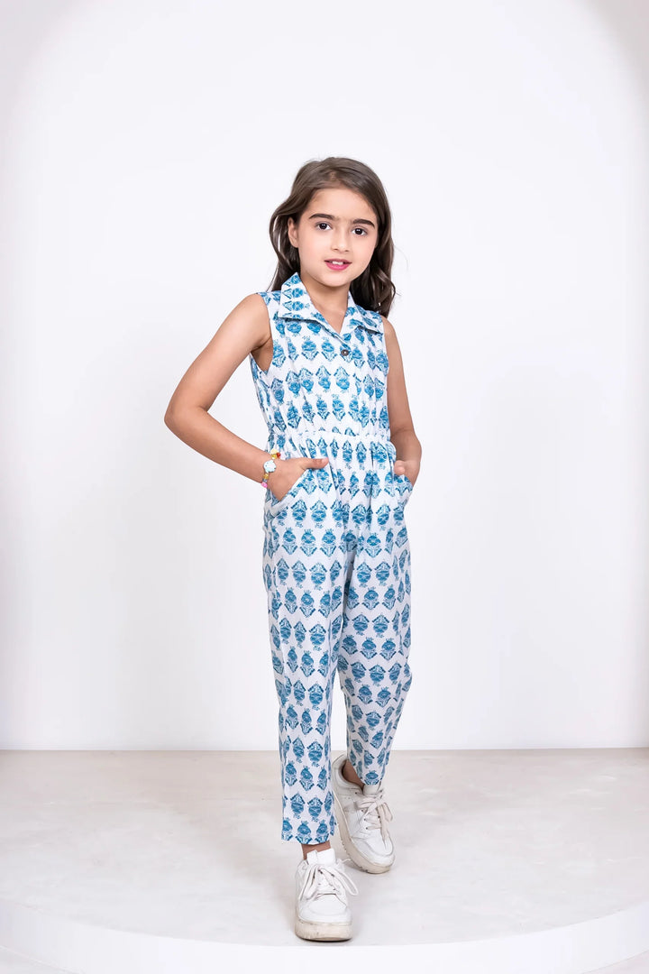Stylish Matching Summer Wear: White and Teal Printed Cotton Jumpsuit for Mom and Daughter