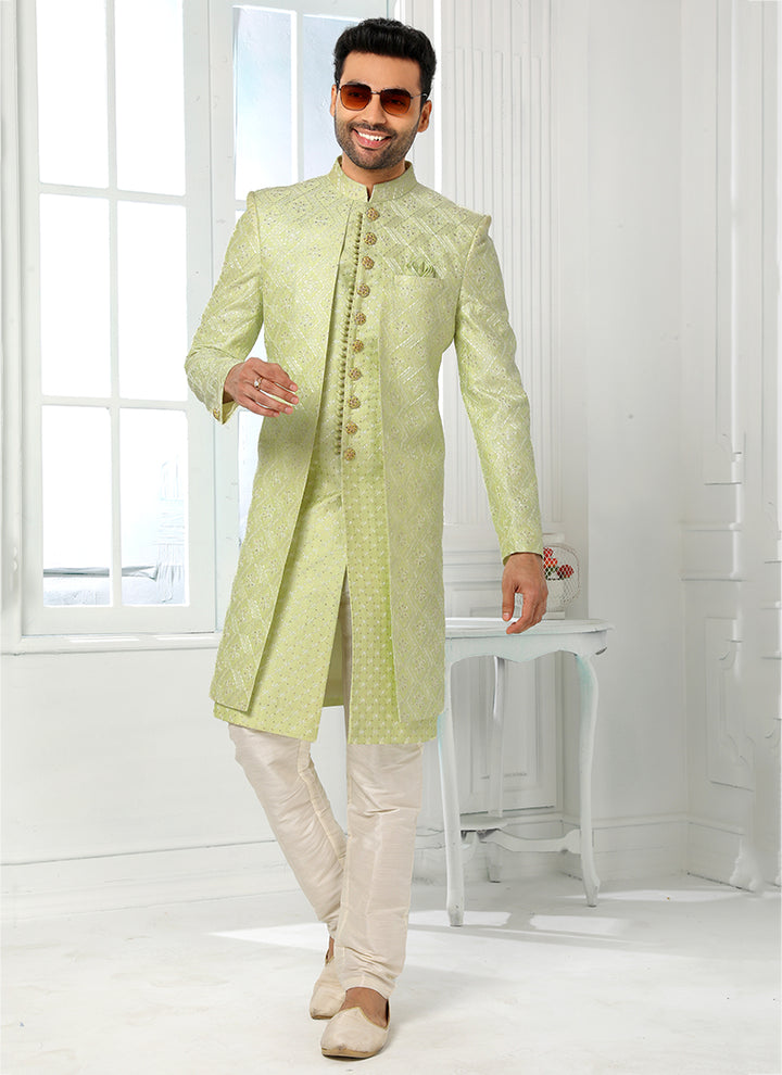 Elegant Pista Green Sherwani | Art Silk Fabric with Exquisite Thread Work
