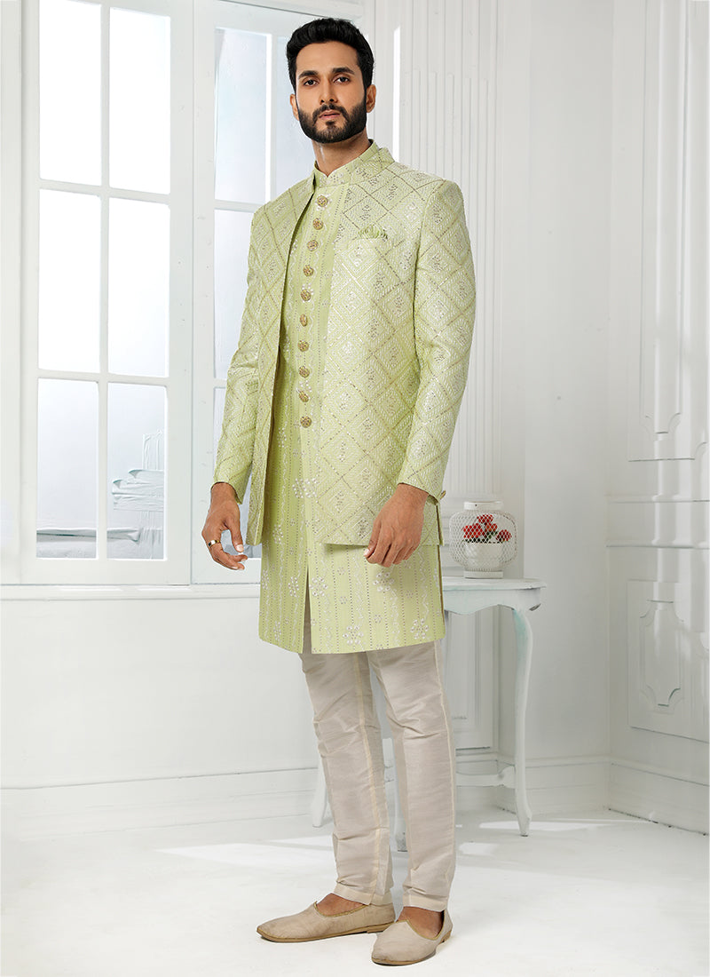 Pista Green Indian Sherwani | Premium Art Silk Wedding Outfit for Men