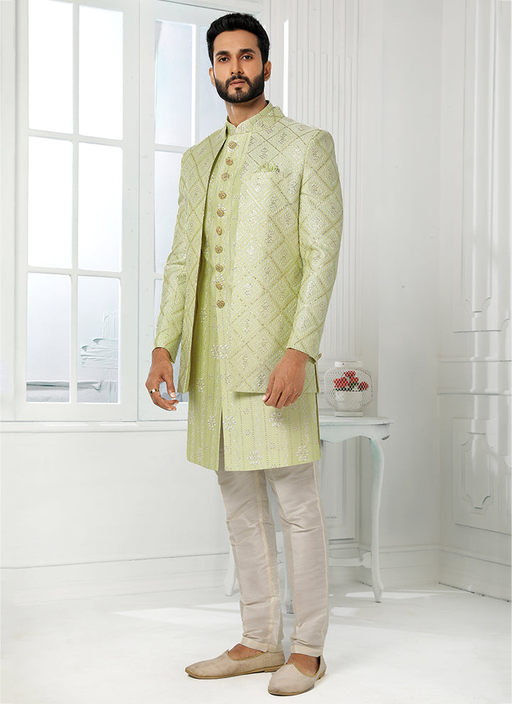 Pista Green Indian Sherwani | Premium Art Silk Wedding Outfit for Men