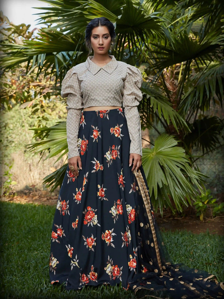 Designer Black Crop Top Lehenga | Pigment Foil & Sequins Work Party Wear