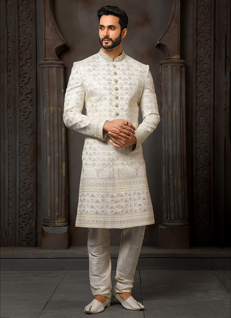 Cream Art Silk Sherwani | Elegant Thread Work for Wedding & Festive