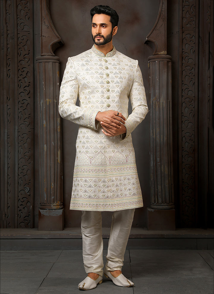 Cream Art Silk Sherwani | Elegant Thread Work for Wedding & Festive