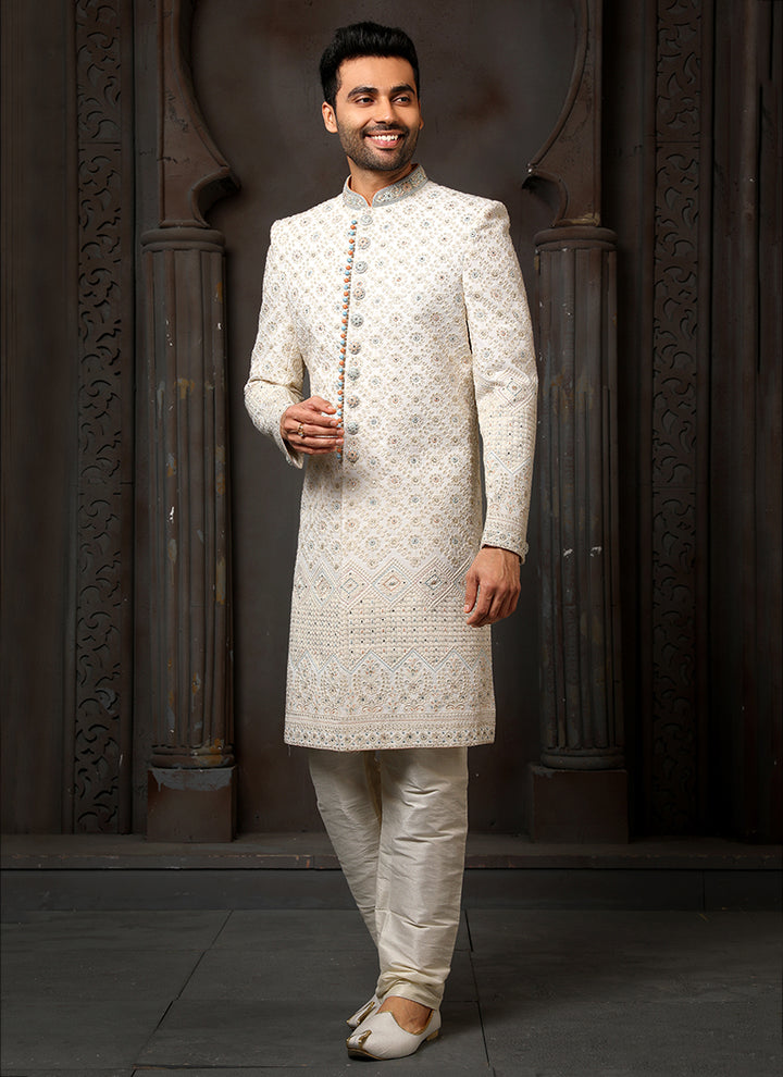 Cream Georgette Sherwani | Perfect Wedding & Festive Wear for Men