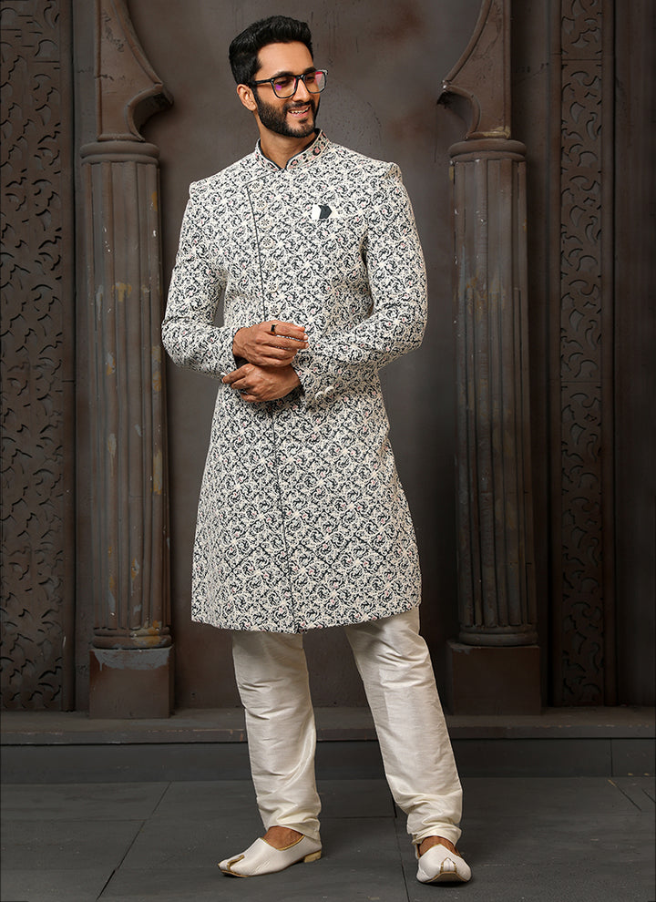 Off White Art Silk Sherwani | Elegant Thread Work for Wedding Wear