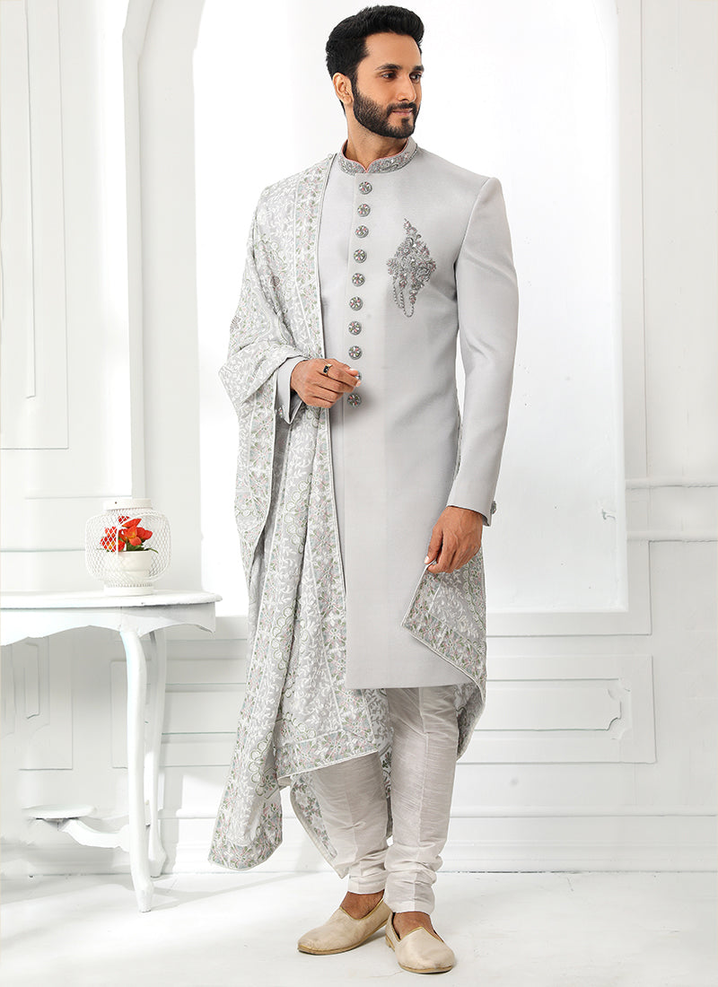 Light Gray Groom Sherwani | Art Silk with Fancy Work & Dupatta