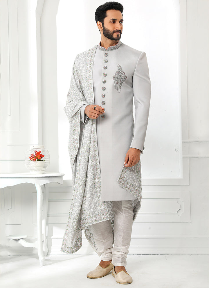 Light Gray Groom Sherwani | Art Silk with Fancy Work & Dupatta