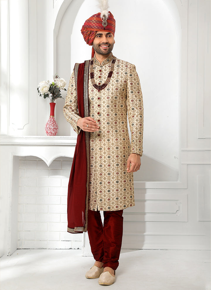 Cream Groom Sherwani with Dupatta | Art Silk & Thread Work Wedding Wear