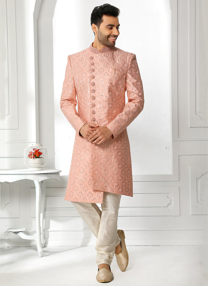 Dark Peach Art Silk Sherwani | Perfect for Wedding & Festive Occasions