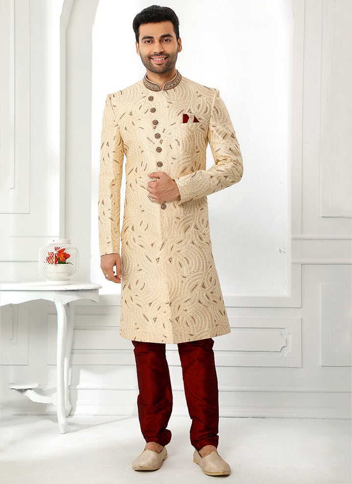 Beige Sherwani for Men | Art Silk with Intricate Thread Work Wedding Wear