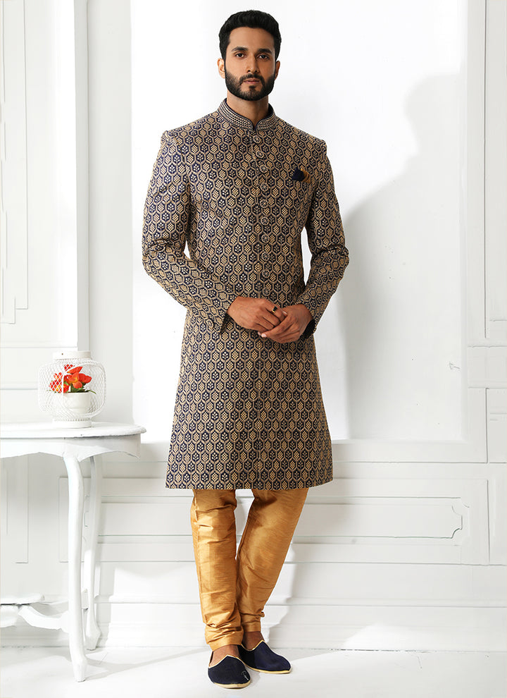 Art Silk Navy Blue Sherwani | Perfect Wedding Wear with Fine Thread Work
