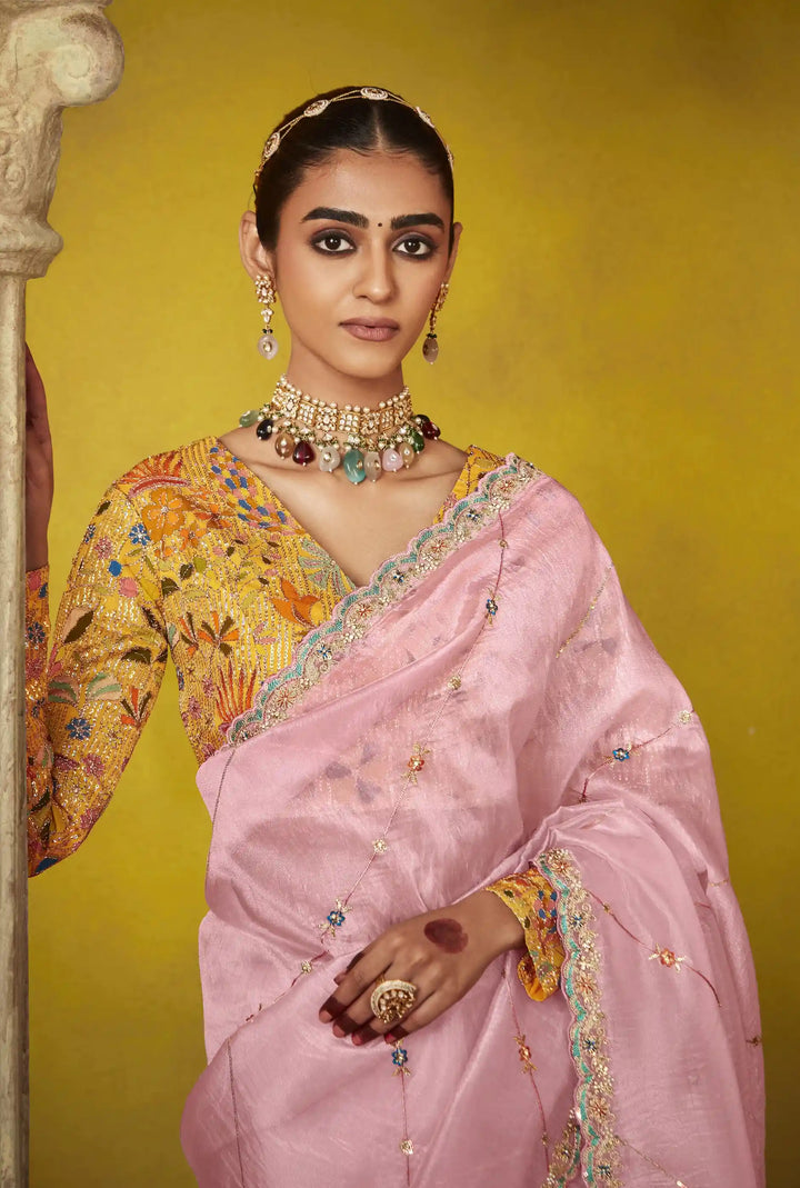 Radiant Pink Tissue Saree with Sequins, Dori & Thread Embroidered Blouse