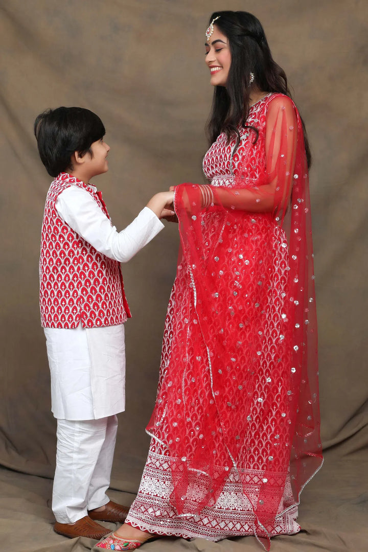 Fuchsia and White Threadwork: A Striking Pair for Mom and Son