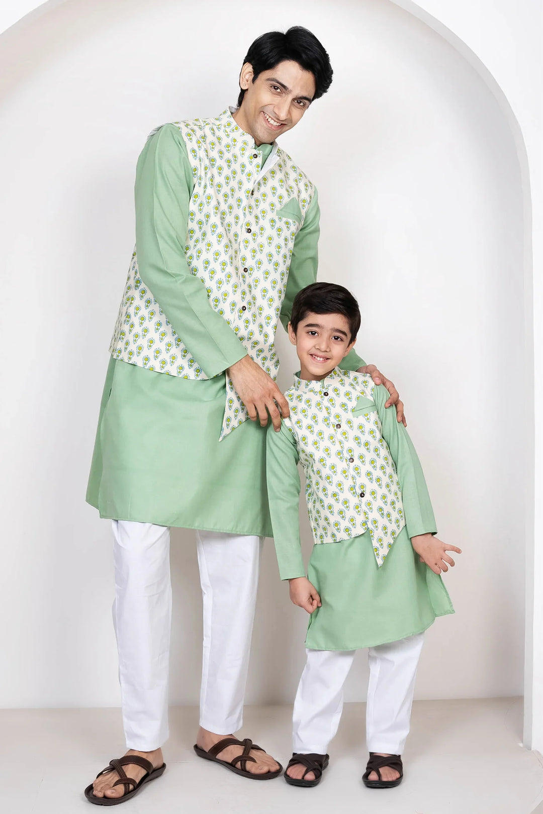 Sea Green Cotton Lehenga Choli with Matching Kurta Pyjama and Jacket Set - Family Twin Set