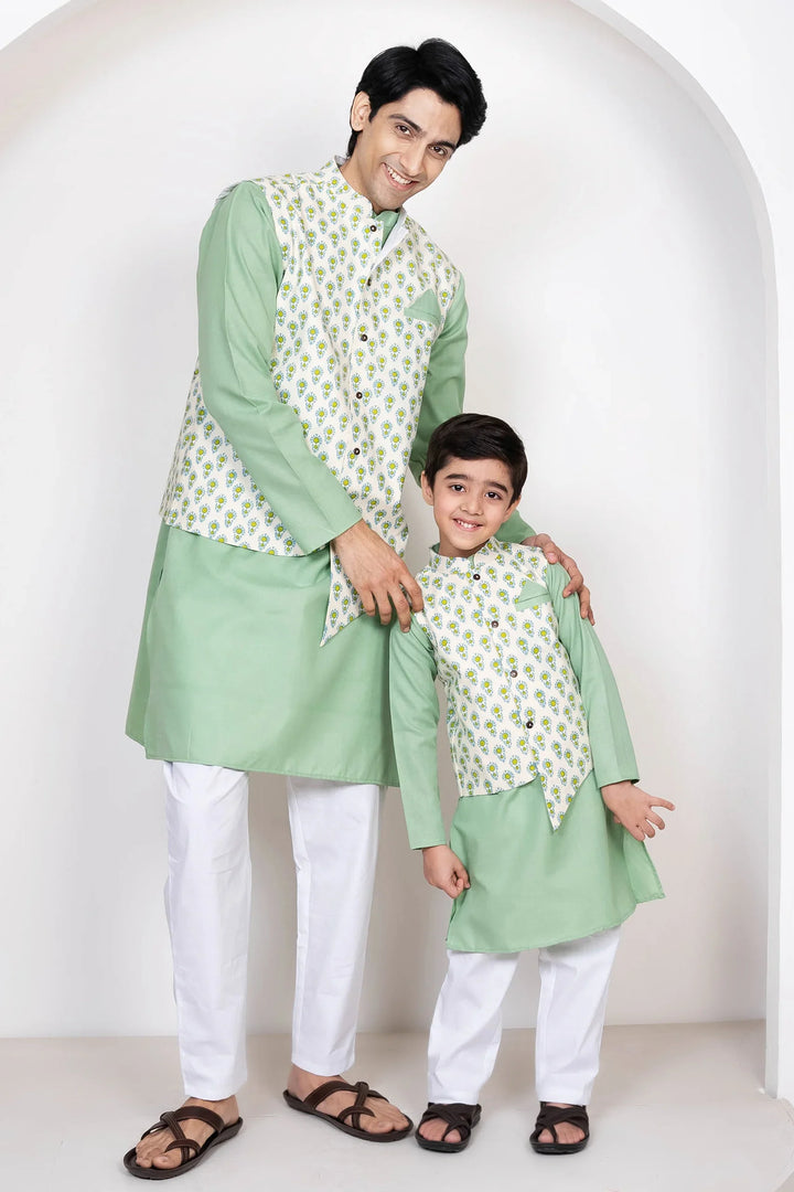 Sea Green Cotton Lehenga Choli with Matching Kurta Pyjama and Jacket Set - Family Twin Set
