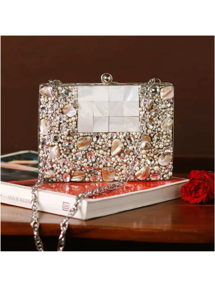Zoya Embellished Brass Clutch | Elegant Mother of Pearl Design