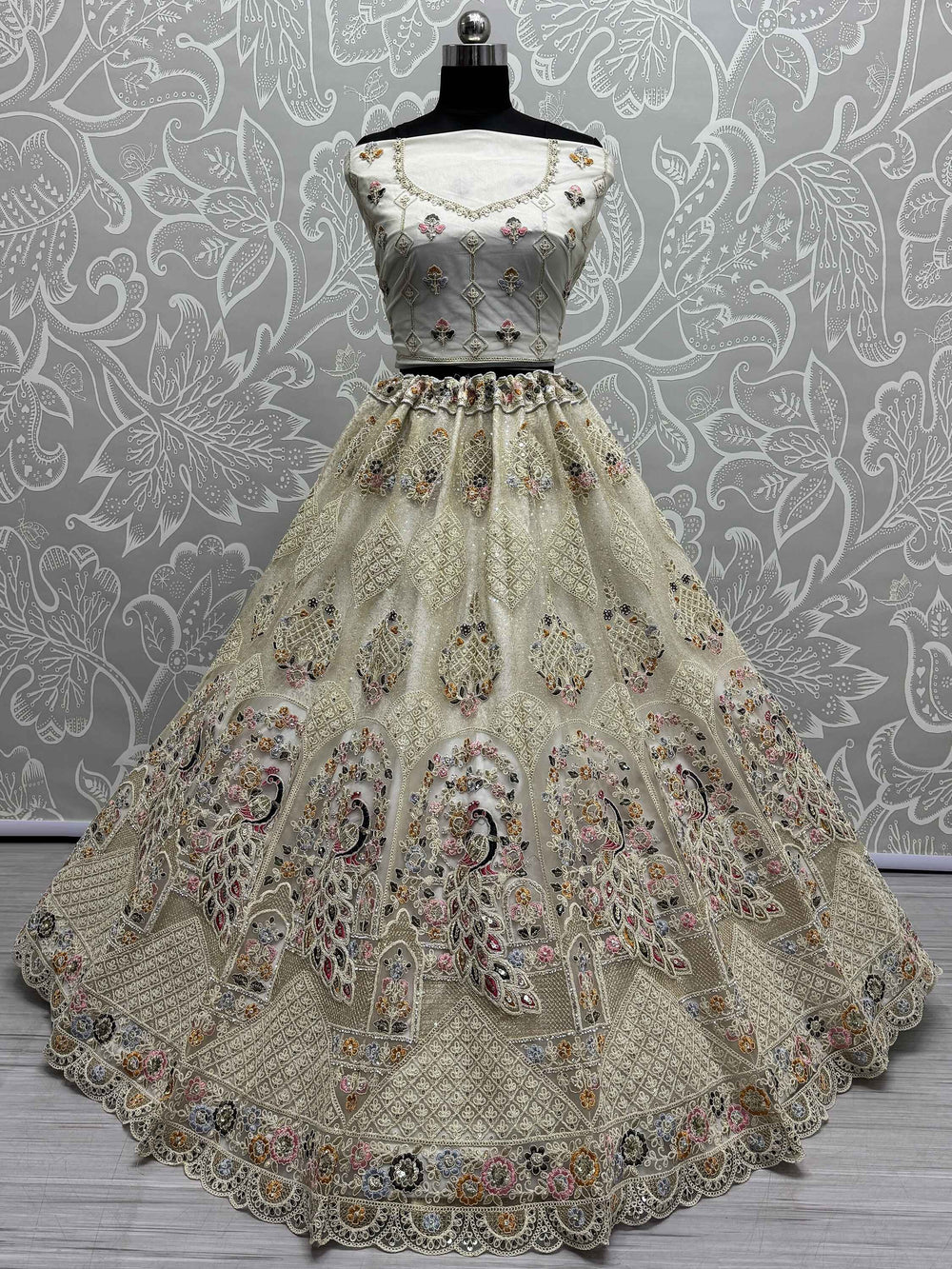 Excellent Off-White Lace Work Net Bridesmaid Lehenga Choli