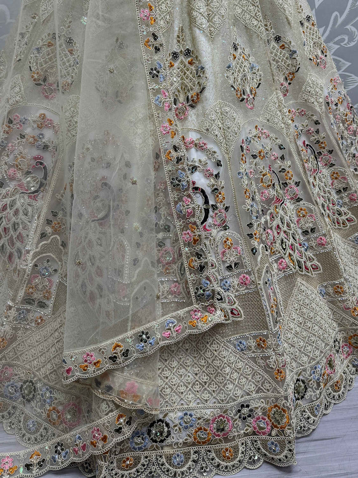 Excellent Off-White Lace Work Net Bridesmaid Lehenga Choli