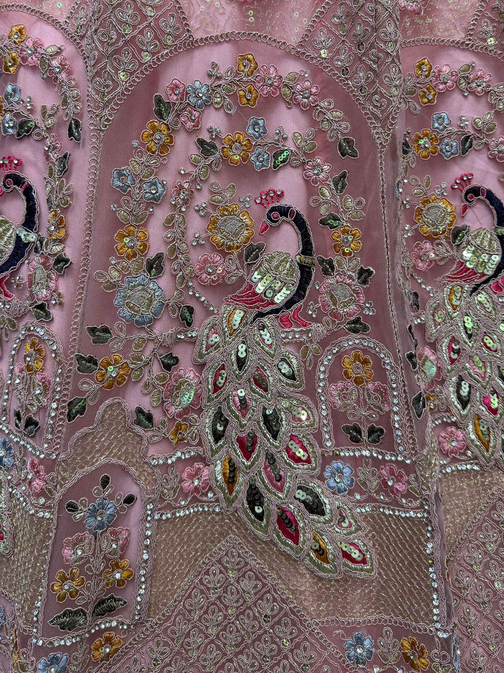 Shocking Peach Sequins Work Net Bridesmaid Lehenga Choli