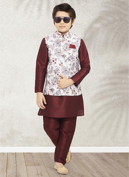 White Stunning Kidswear Kurta Pajama | Art Silk Printed Jacket for Festive Look