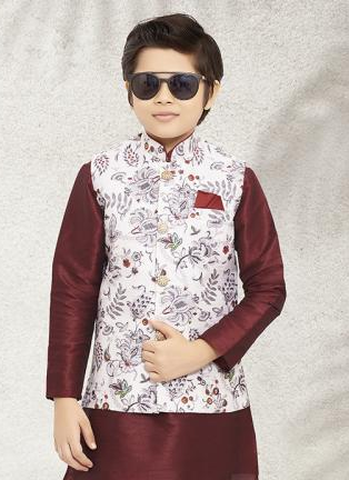 White Stunning Kidswear Kurta Pajama | Art Silk Printed Jacket for Festive Look